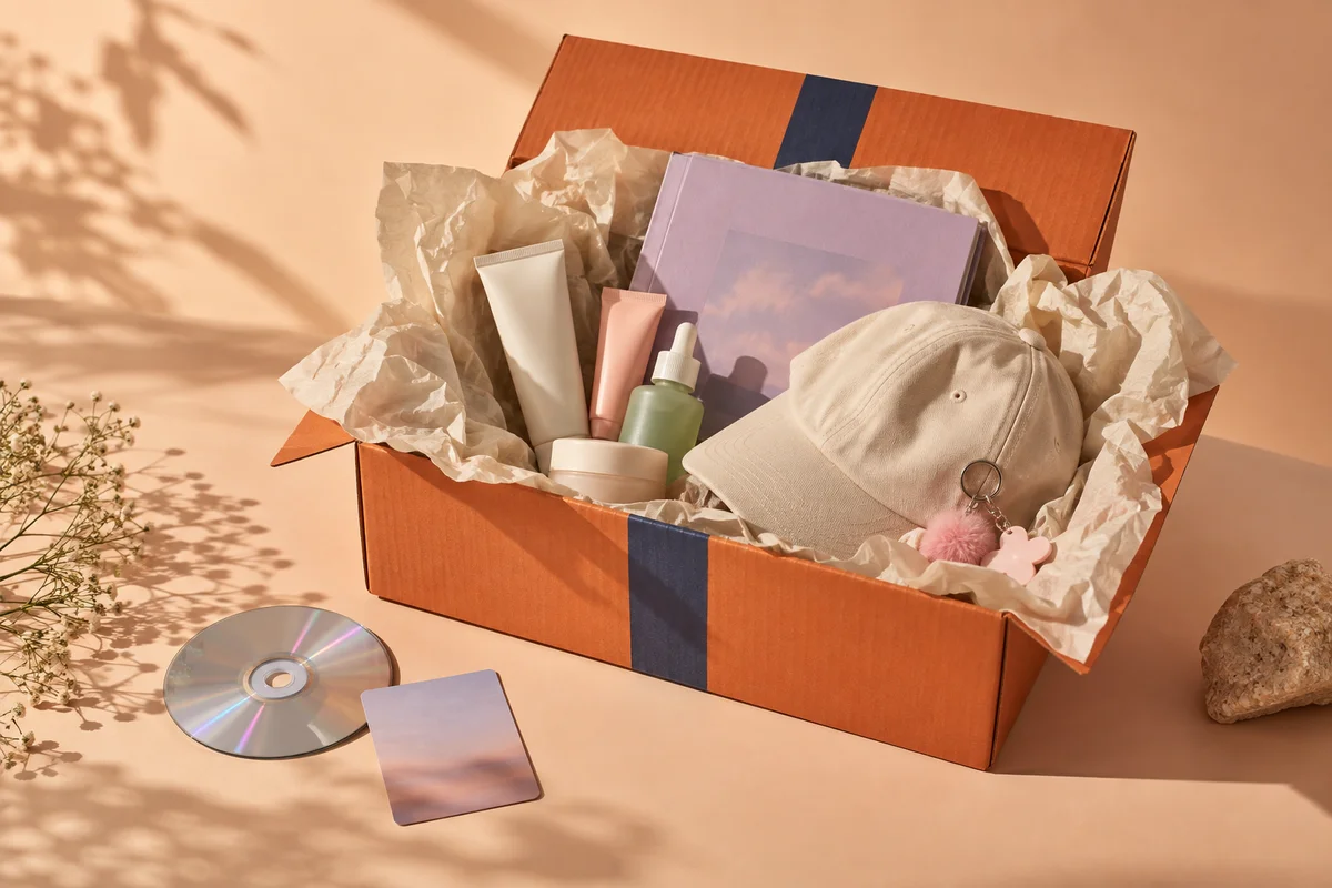An illustrative shopping haul: skincare, an album and a cap packed in a Korean delivery box